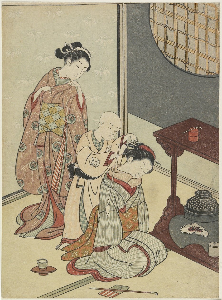 Chuva Noturna no Posto de Chá, após 1766 (impressão em xilogravura a cores) de Suzuki Harunobu