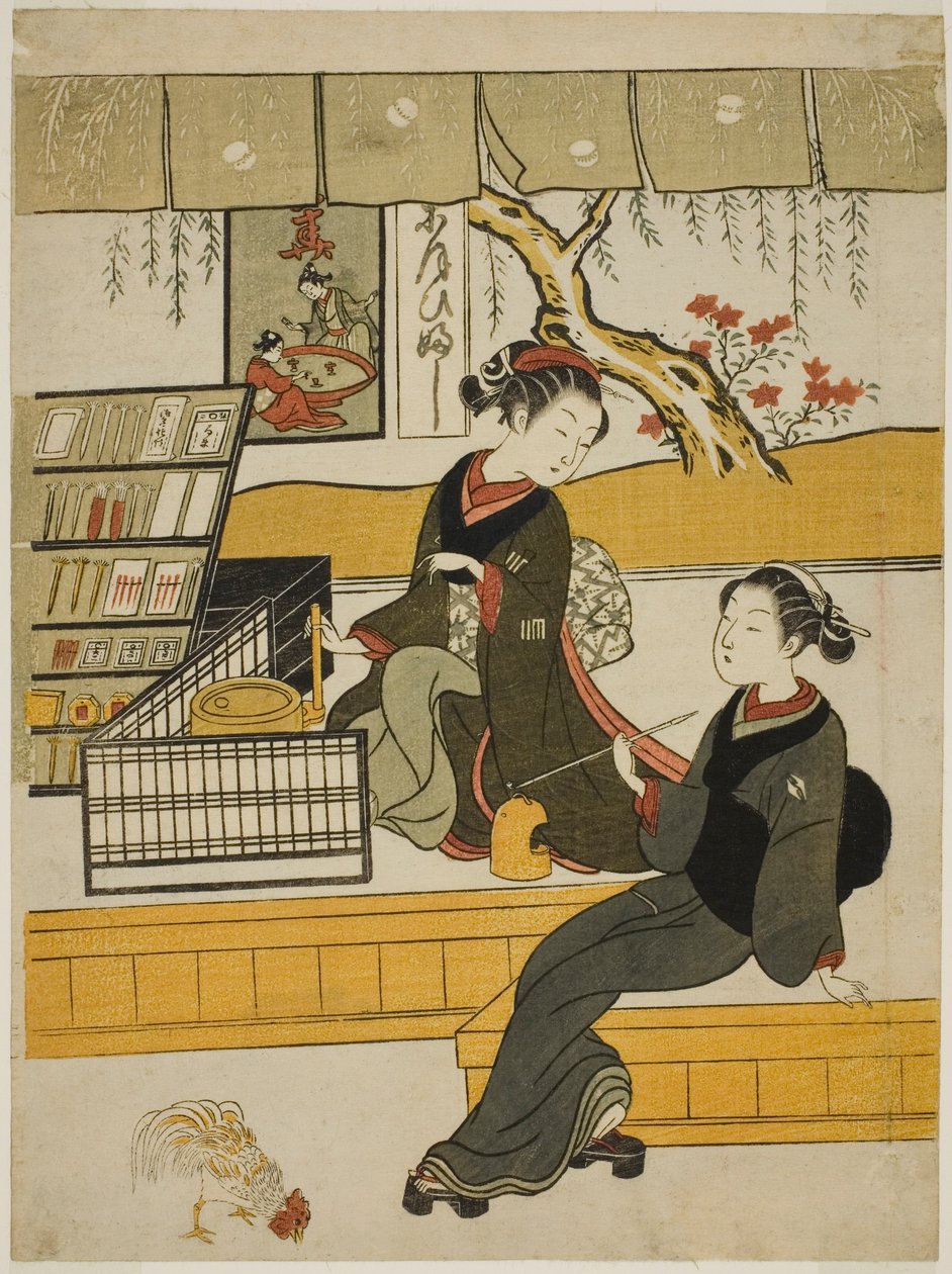 Ofuji, a Shop Girl do Motoyanagiya, com um cliente de Suzuki Harunobu