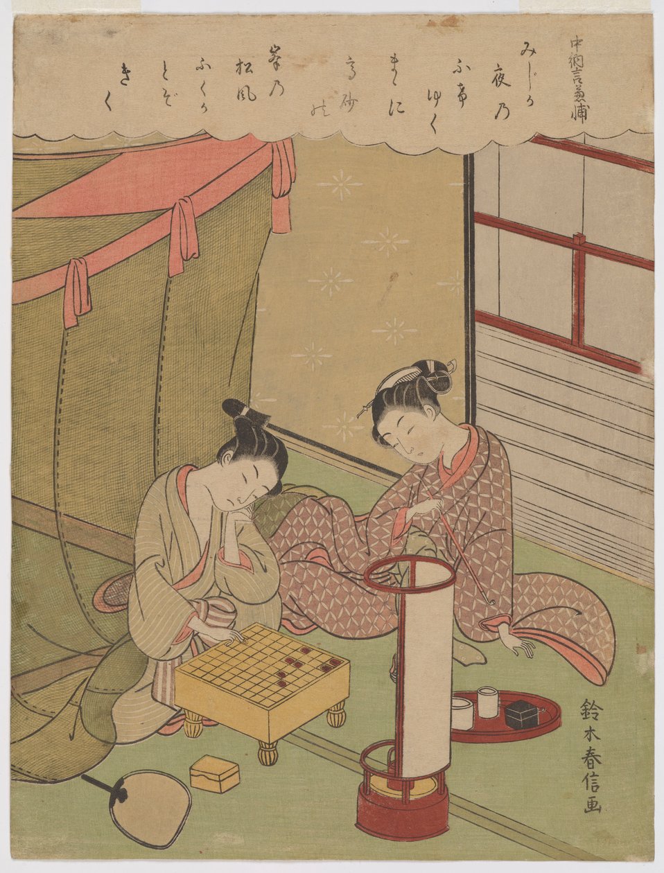 Oiran e jovem a jogar shogi numa noite de verão em Yoshiwara de Suzuki Harunobu
