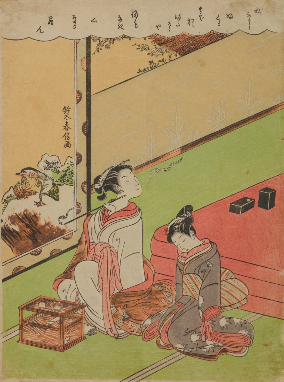 Oiran a fumar um cachimbo e a sua criada sonolenta de Suzuki Harunobu