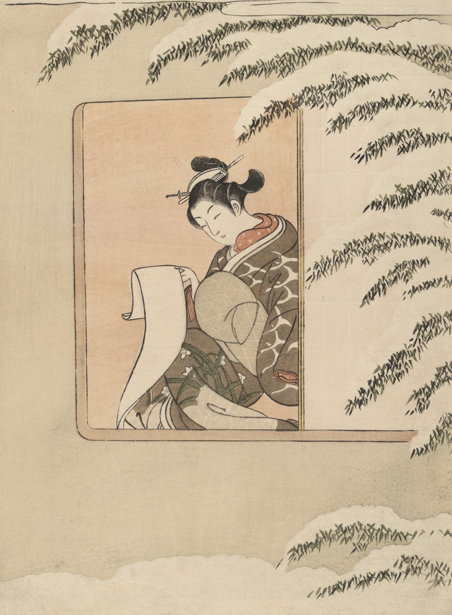 Paródia de Sun Kang, também conhecida como Neve junto à janela de Suzuki Harunobu