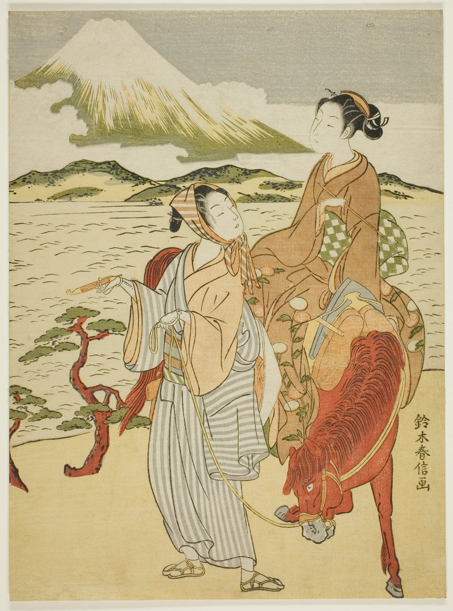 Paragem para admirar o Monte Fuji (paródia da viagem de Ariwara no Narihira para leste) de Suzuki Harunobu