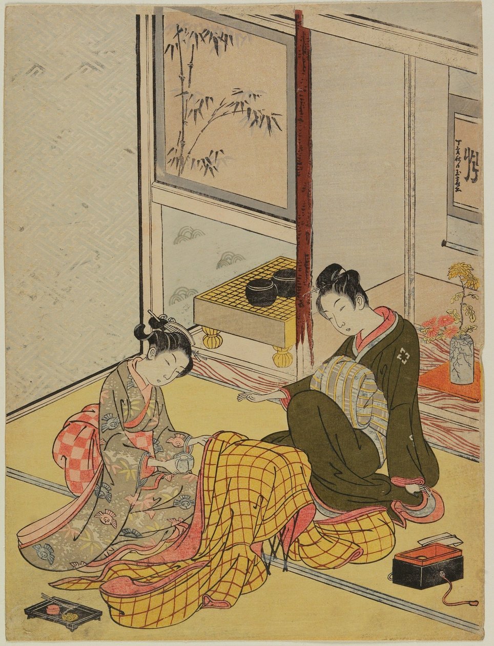 Perfumar uma túnica como paródia visual das quatro artes de Suzuki Harunobu