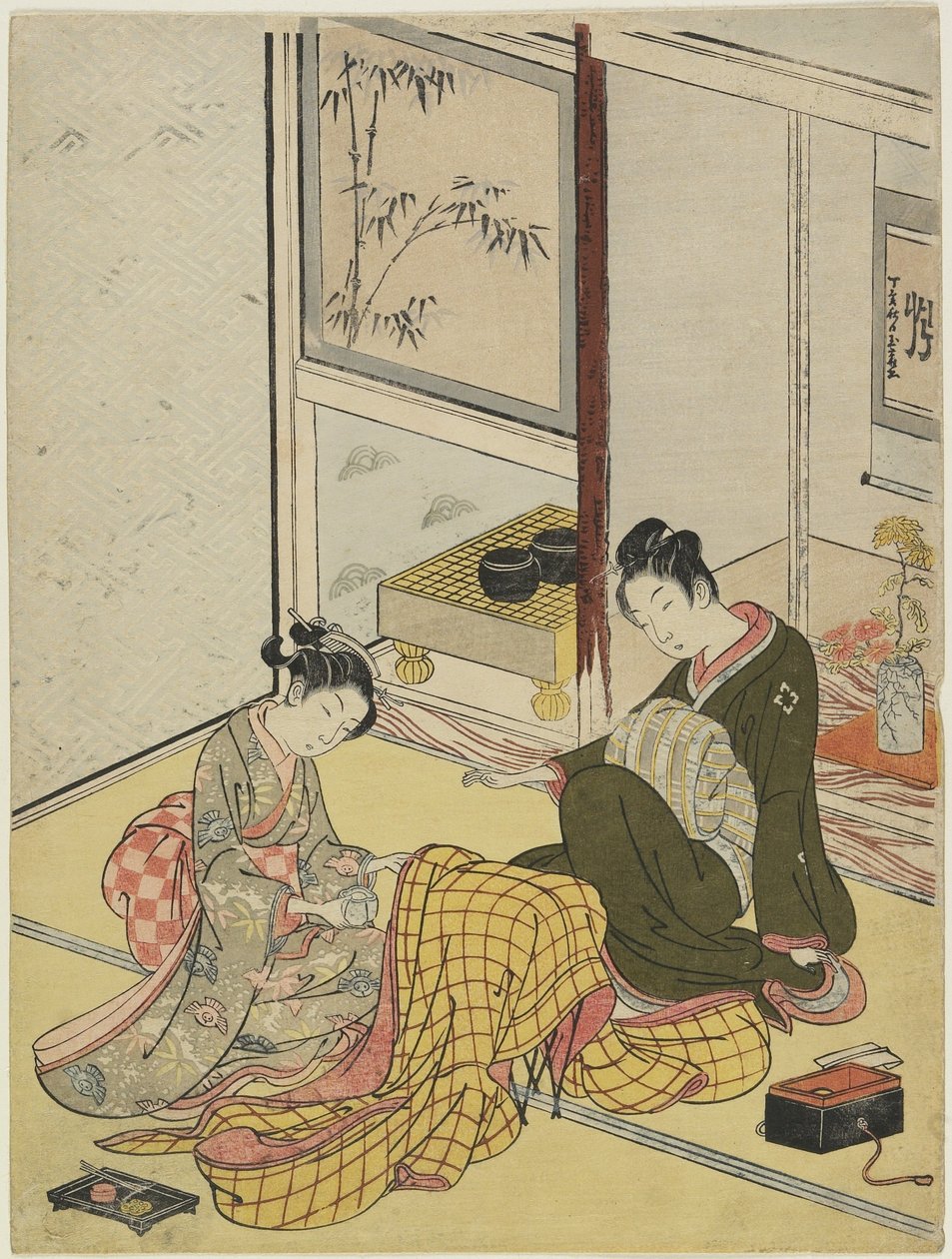 Perfumando um roupão como uma mitra dos quatro passatempos elegantes, outono de 1767 (impressão em xilogravura a cores) de Suzuki Harunobu