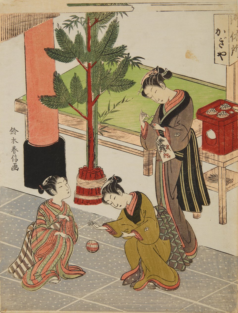 A bela Osen da casa de chá Kagi-ya, preparativos de Ano Novo de Suzuki Harunobu