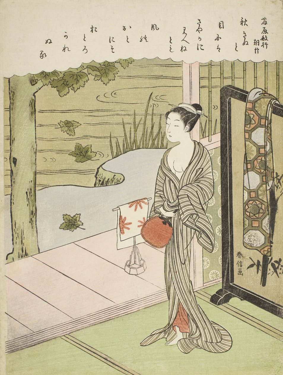 Poema de Fujiwara no Toshiyuki, de uma série sem título de Trinta e Seis Poetas Imortais, c.1767-68 de Suzuki Harunobu