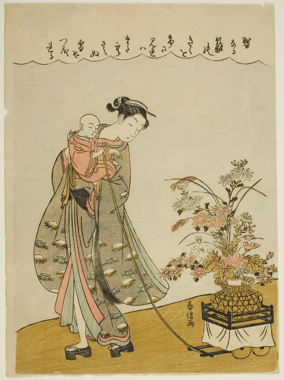 Puxando um carrinho de flores de Suzuki Harunobu