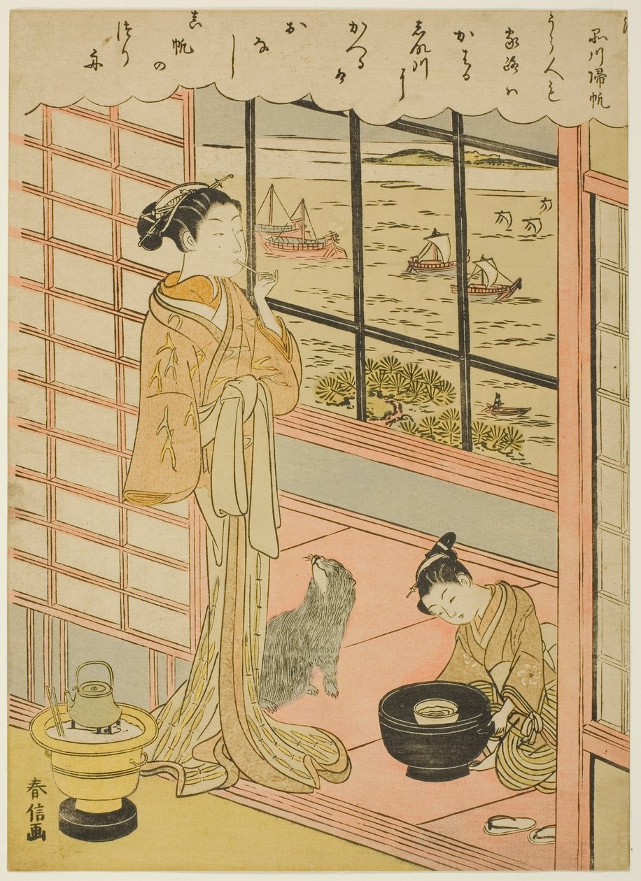 Line r people g re ls at Shinagawa (norma de Shinagawa), da teserie "English ght fasio be vier ws of Edo (Fru Edo Hakkei)" de Suzuki Harunobu