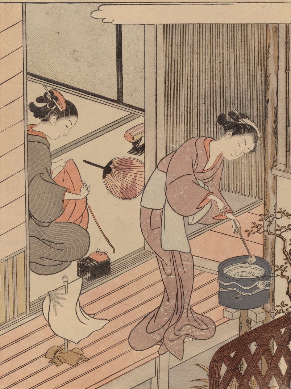 Velas de regresso do suporte de toalhas, da série Oito vistas de sala de Suzuki Harunobu