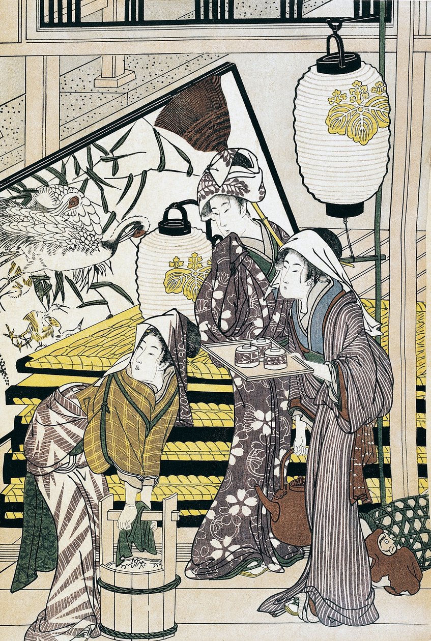 Servidores de trabalhos manuais em casa, ukiyo-e arte impressa por Suzuki Harunobu (1725-1770), xilogravura, civilização japonesa, período Edo de Suzuki Harunobu