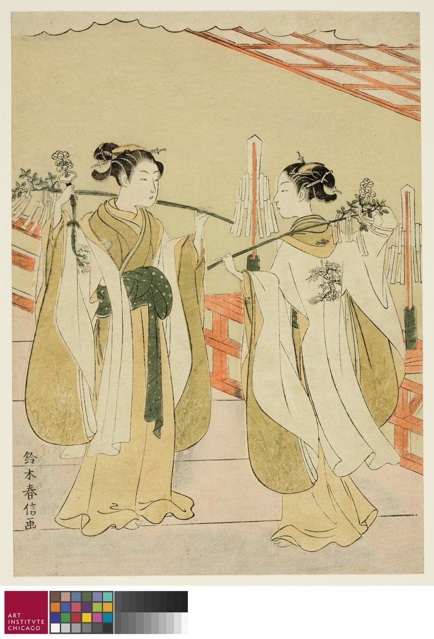 Donami do santuário Onami e Ohatsu dançando no santuário de Yushima Tenjin, c.1769 de Suzuki Harunobu