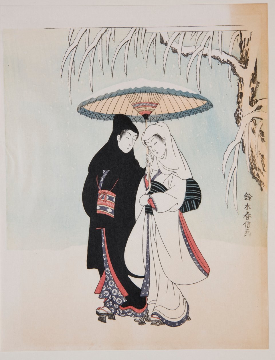 Passeio sob uma sombrinha na neve de Suzuki Harunobu