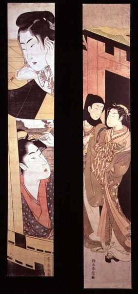 A Designação: Dois Amantes num Portão, c.1768 (impressão a cores em bloco de madeira) de Suzuki Harunobu