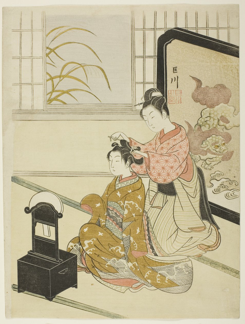 A Lua de Outono no Espelho (Kyodai no shugetsu), da série "Oito Vistas do Salão (Zashiki hakkei)" de Suzuki Harunobu