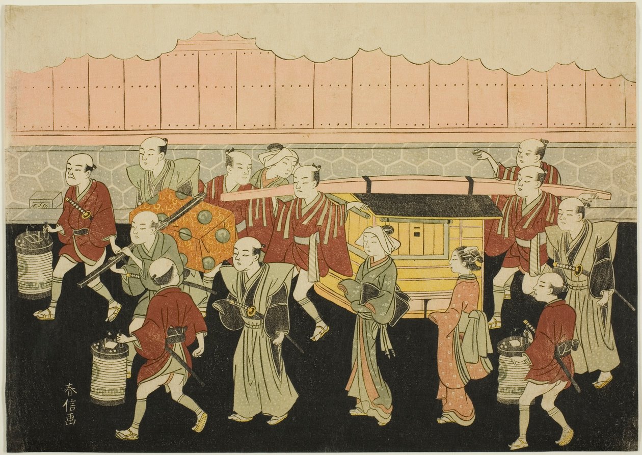 A noiva em palanquim para a casa do marido (Koshi-iri), terceira folha da série "Casamento em estampas de brocado, a carruagem da mulher virtuosa (Konrei nishiki misao-guruma)" de Suzuki Harunobu