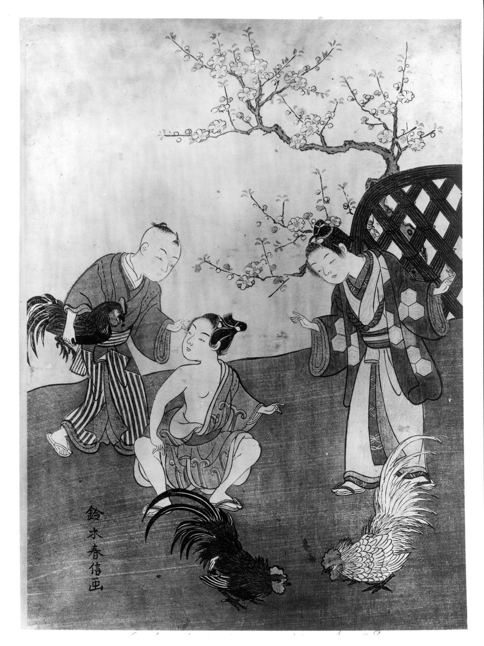 O Cockfight (impressão em xilogravura) de Suzuki Harunobu