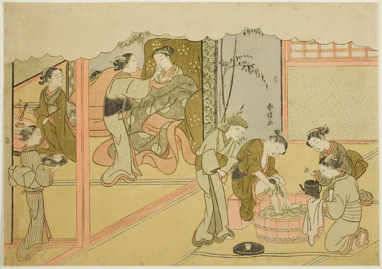 O primeiro parto (Uizan), a sétima folha da série "Casamento em estampas de brocado, a carruagem da mulher virtuosa (Konrei nishiki misao-guruma)" de Suzuki Harunobu