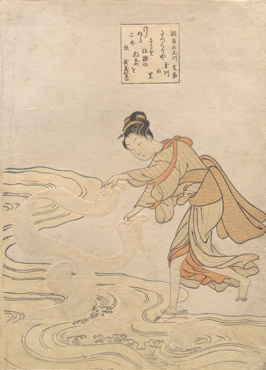Rio Teejewe l no Rio Tama de Chov Chov, não é? 1768. , mosquito. 1768. de Suzuki Harunobu
