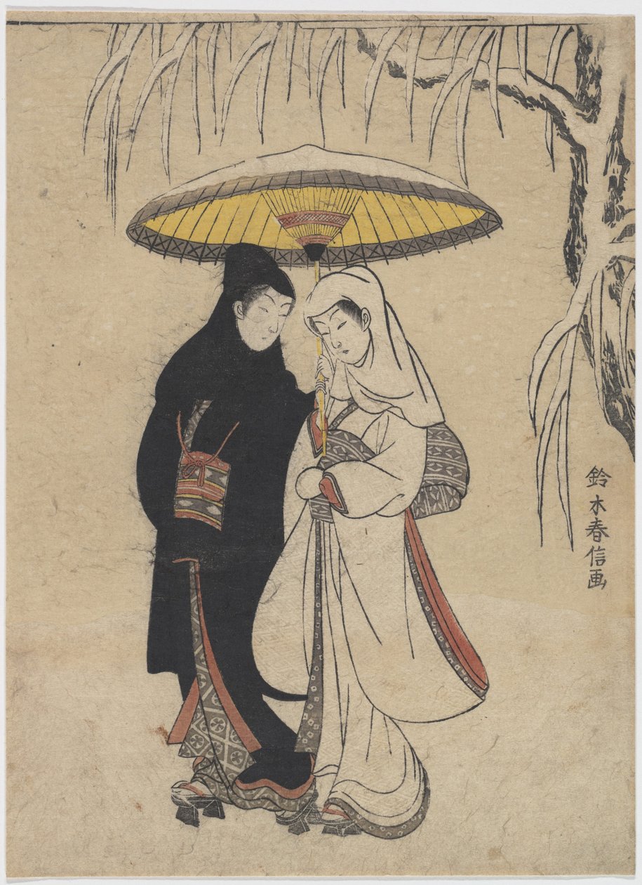 The Oriental Arts : Young Lovers Walking Together under an Umbrella in a Snow Storm par Harunobu, Suzuki (1724-1770), ca. 1769. Lenha colorida, 25,7x19,1. Coleção Particular de Suzuki Harunobu