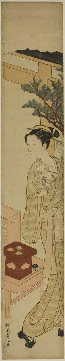 A garçonete Osen da casa de chá Kagiya segurando um leque de Suzuki Harunobu