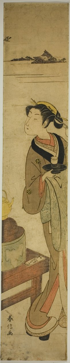 A garçonete Osen da casa de chá Kagiya carregando uma xícara de chá de Suzuki Harunobu