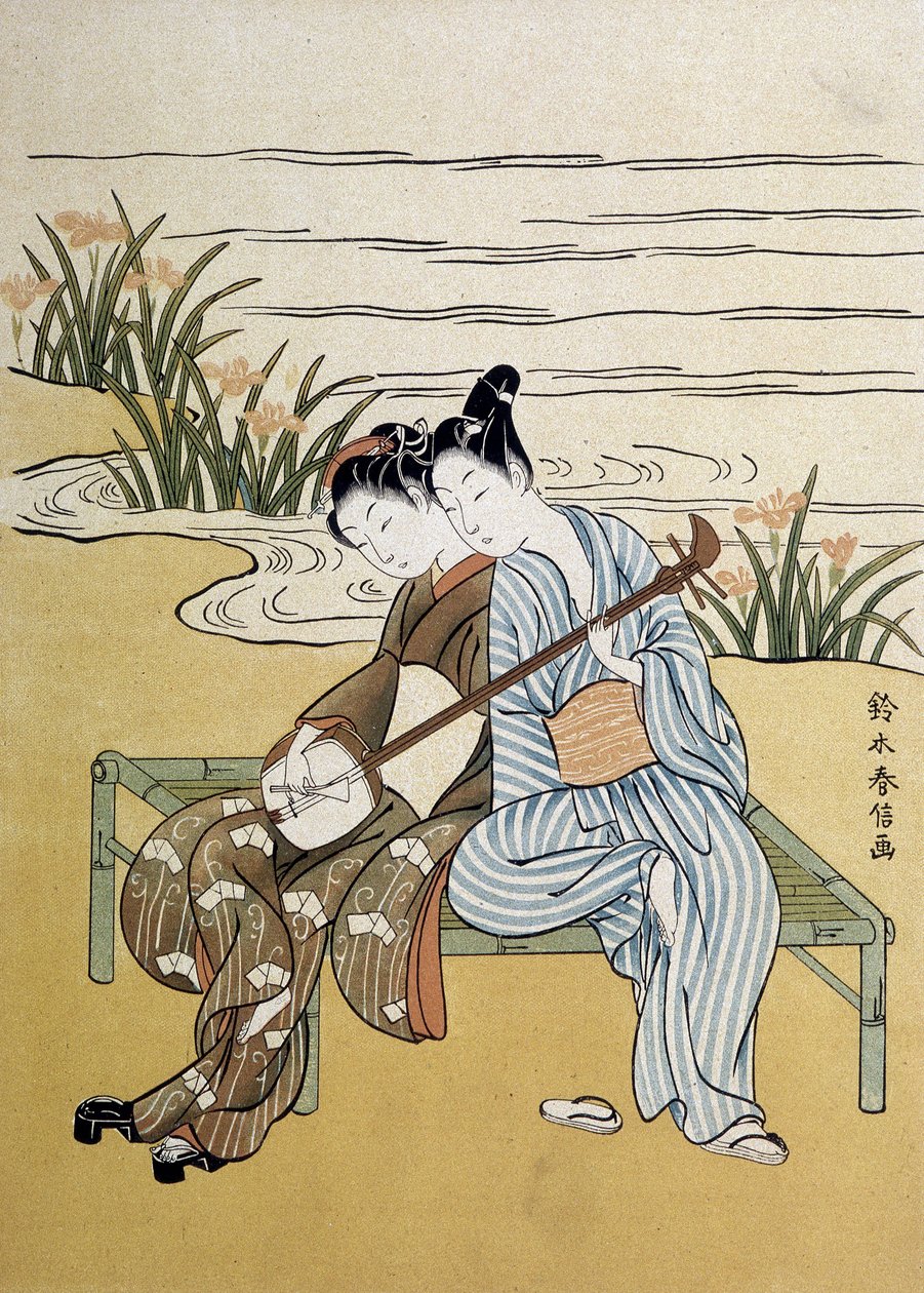 O shamisen: casal tocando shamisen (ou samisen: alaúde de manga comprida com três cordas) - por Harunobou, em "Japan artistique", julho de 1890 de Suzuki Harunobu