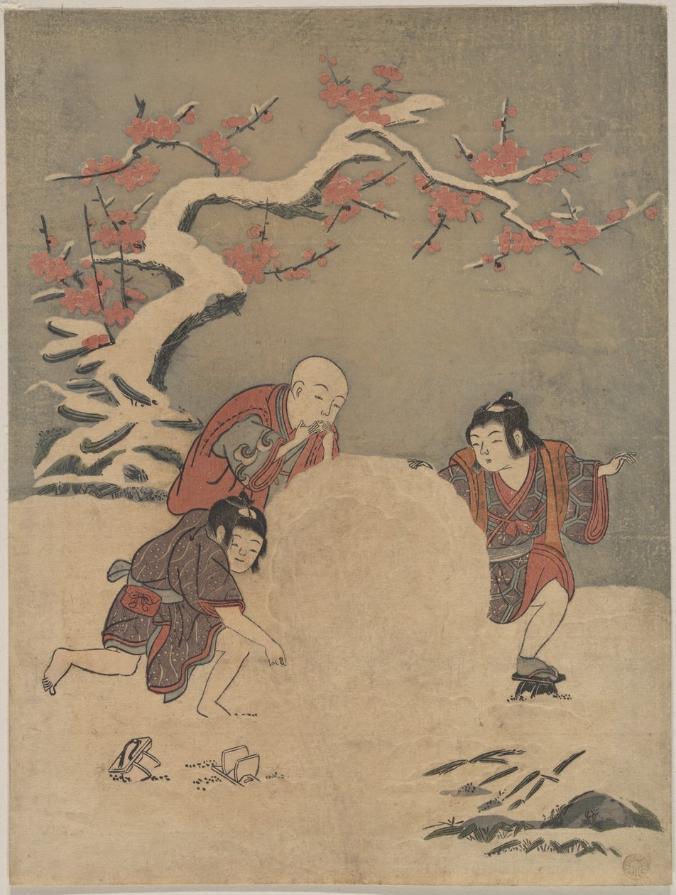 Três rapazes a fazer um boneco de neve de Suzuki Harunobu
