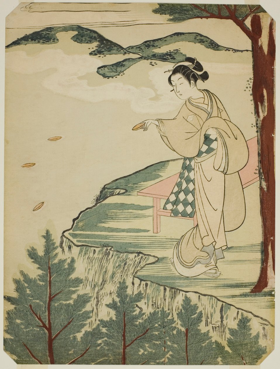 Jogando pratos sobre um penhasco de Suzuki Harunobu