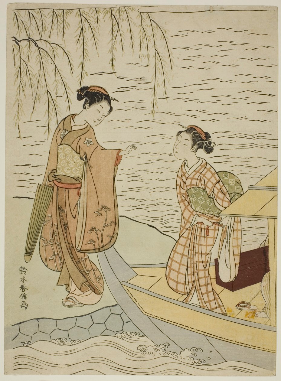 Duas garotas saindo de um barco de Suzuki Harunobu