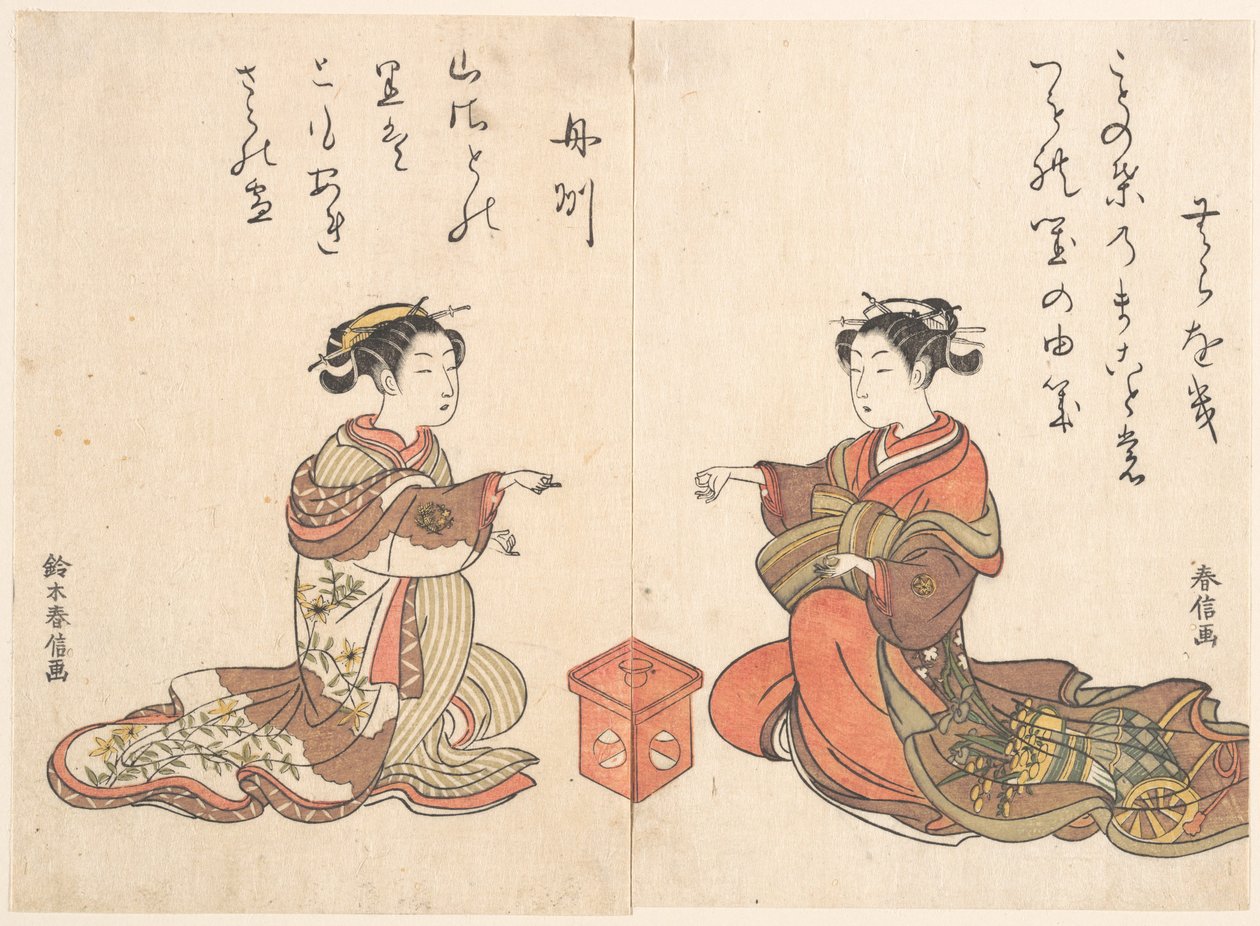 Duas raparigas jogam o jogo dos dedos Kitsume Ken de Suzuki Harunobu