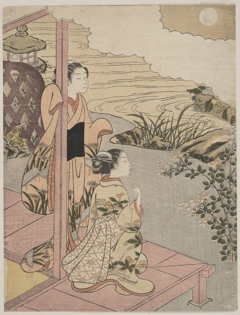 Duas raparigas numa varanda junto a um ribeiro com a lua de Suzuki Harunobu