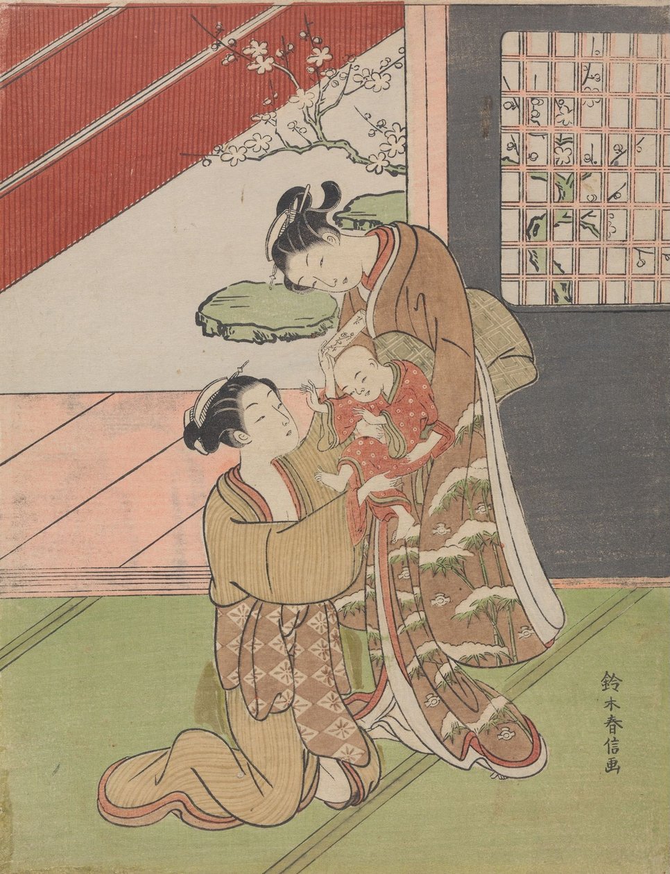 Duas mulheres com um bebé e uma carta de Suzuki Harunobu