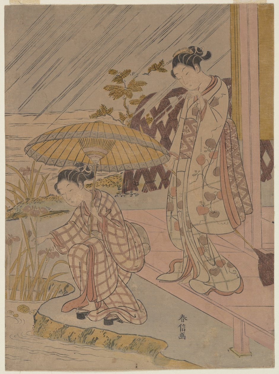 Observando íris à chuva de Suzuki Harunobu