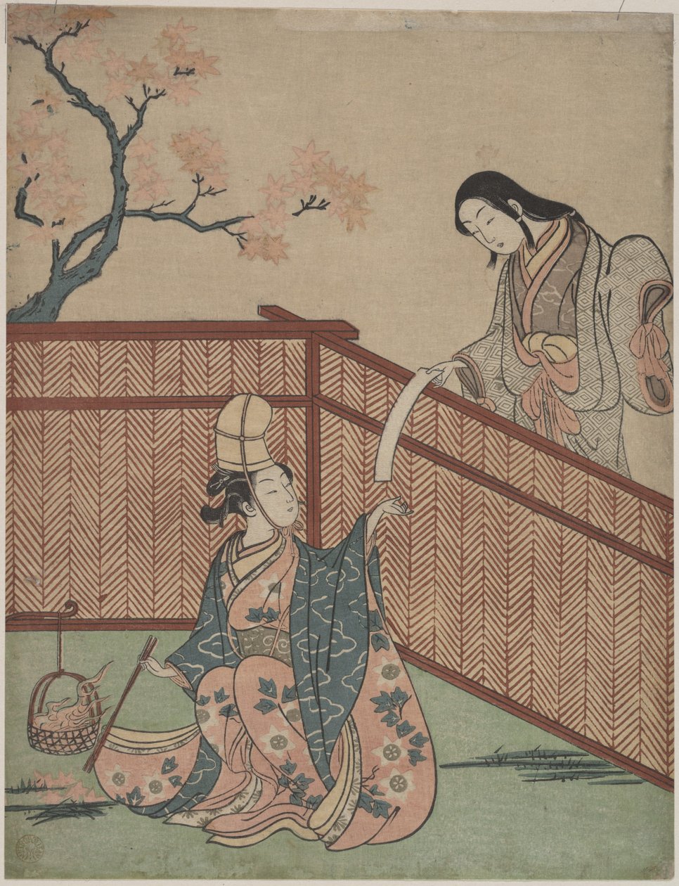 Aquecer o saquê junto à lareira com folhas de ácer de Suzuki Harunobu