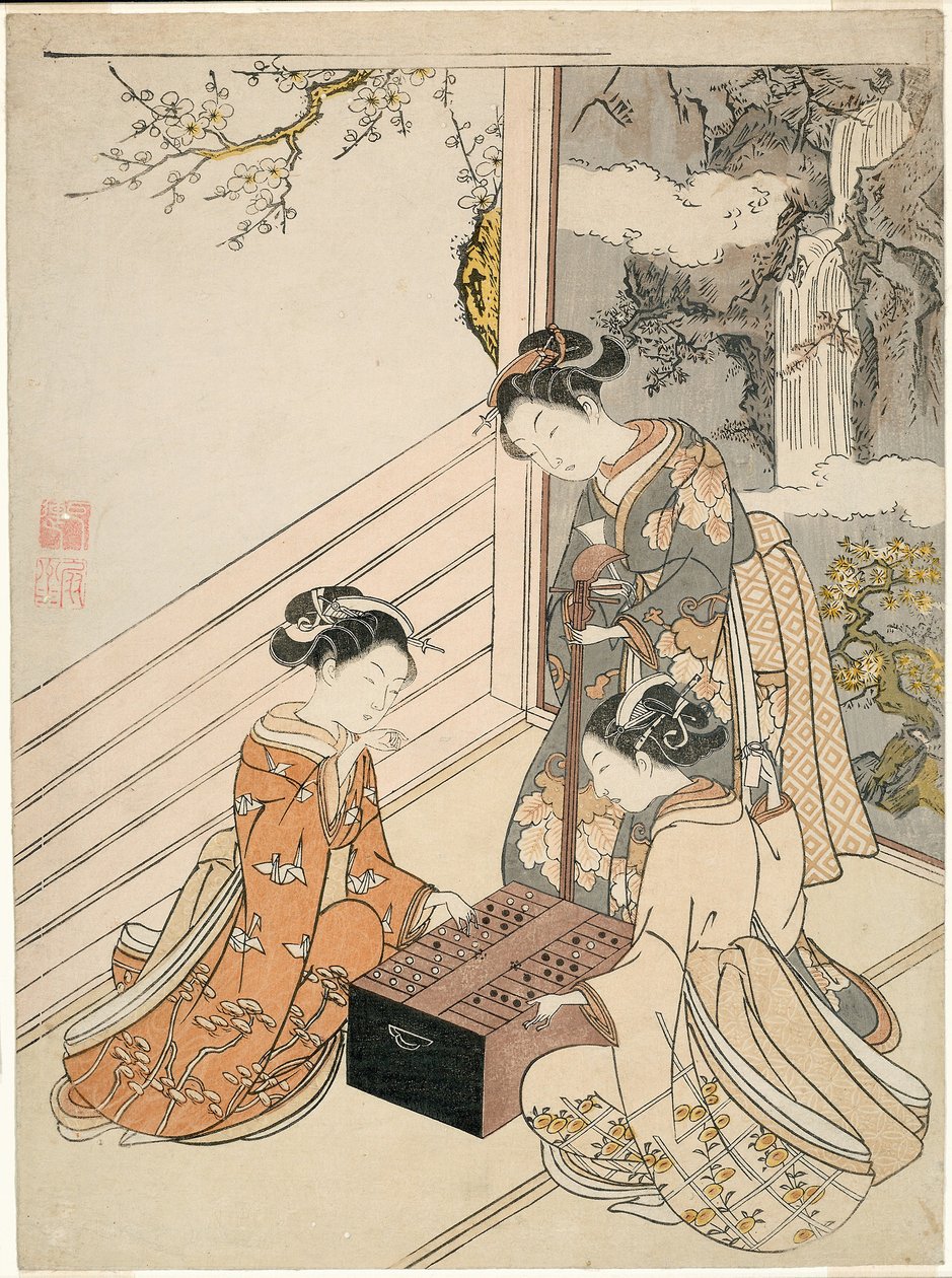 Watching the Game, c.1766 (xilogravura a cores; chuban, surimono) de Suzuki Harunobu