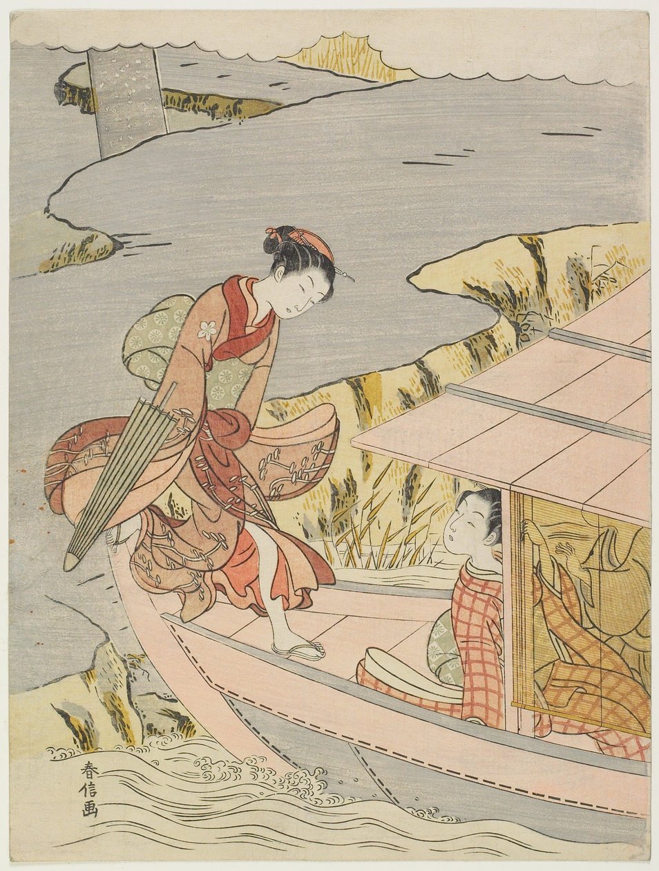 Mulher a entrar num barco de Suzuki Harunobu