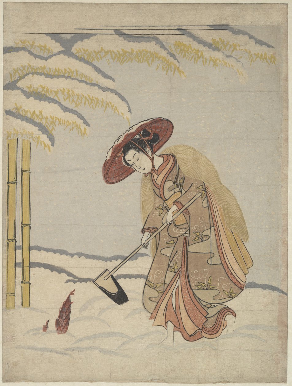 Mulher a desenterrar rebentos de bambu na neve, ou paródia de Meng Zong (Mōsō), dos Vinte e Quatro Modelos de Piedade Filial de Suzuki Harunobu