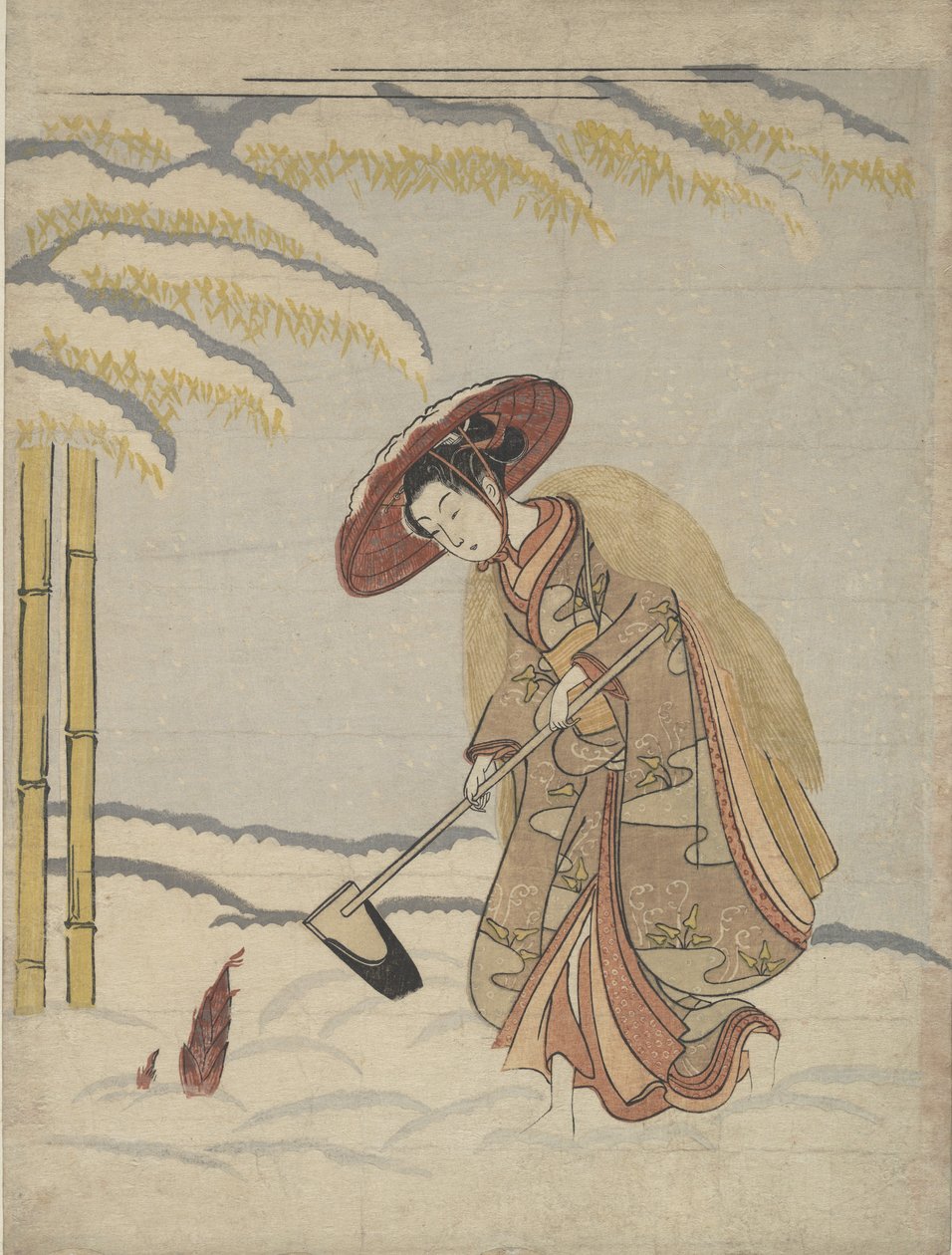 Mulher cavando brotos de bambu na neve, ou paródia de Meng Zong Moso, de Twenty-Fo..., ca. 1765. de Suzuki Harunobu