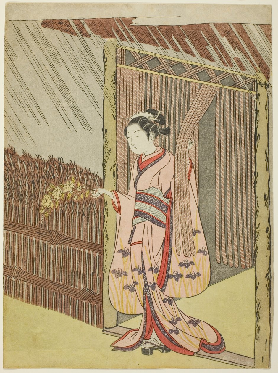 Mulher segurando um ramo de flores Kerria na chuva (paródia de Ota Dokan) de Suzuki Harunobu