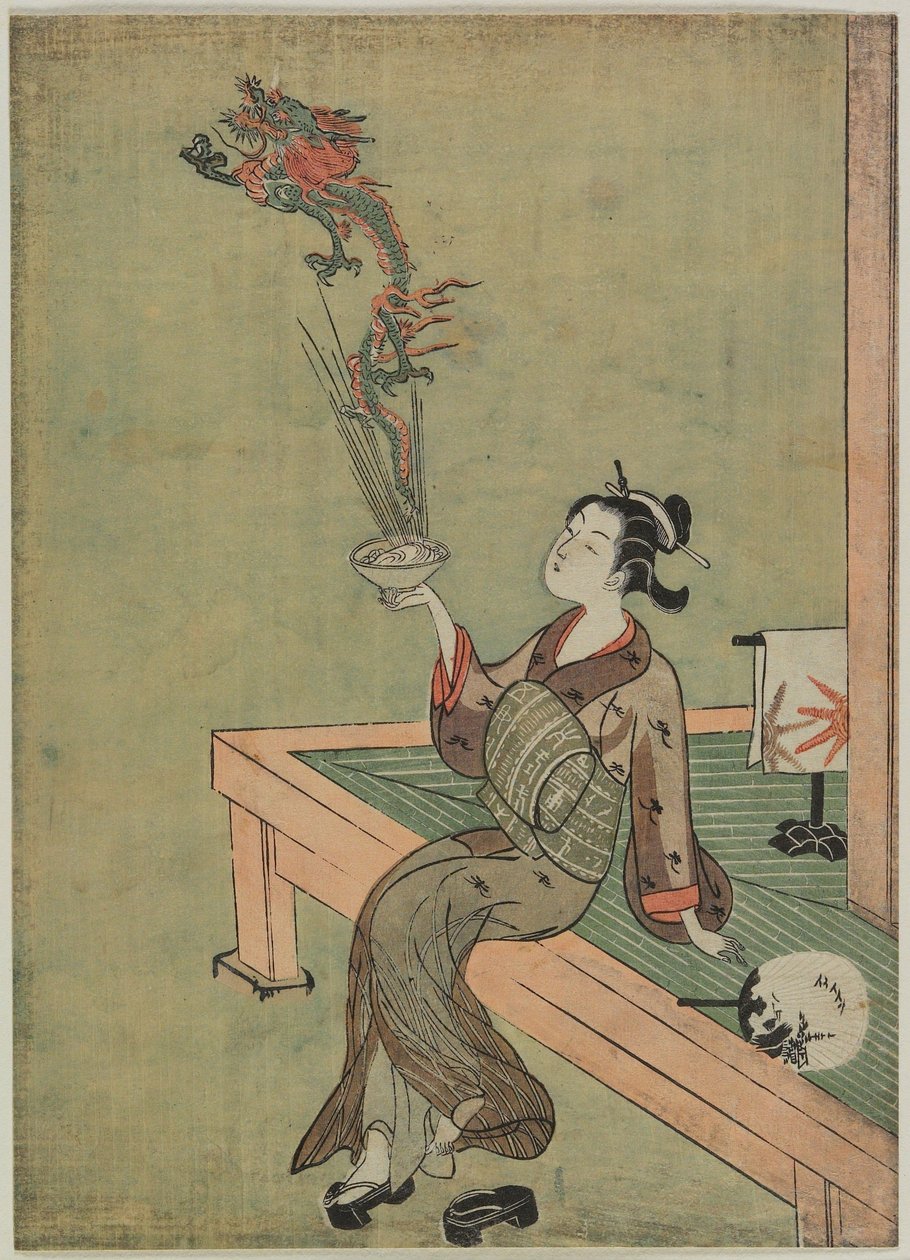 Mulher comparada a um eremita chinês que maneja um dragão de Suzuki Harunobu