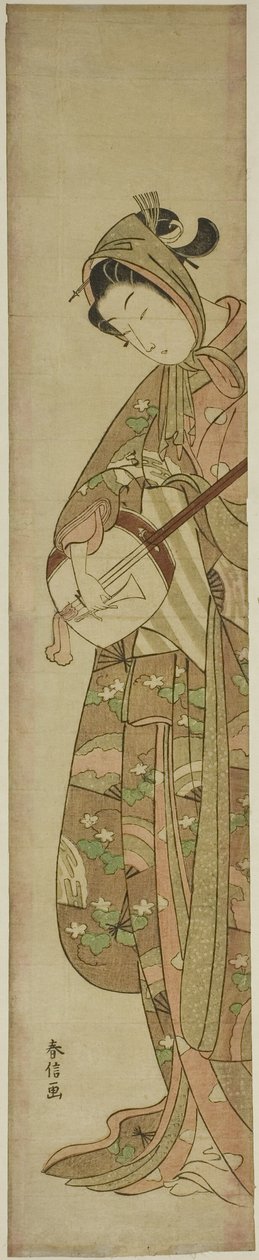 Mulher jogando o Shamisen de Suzuki Harunobu
