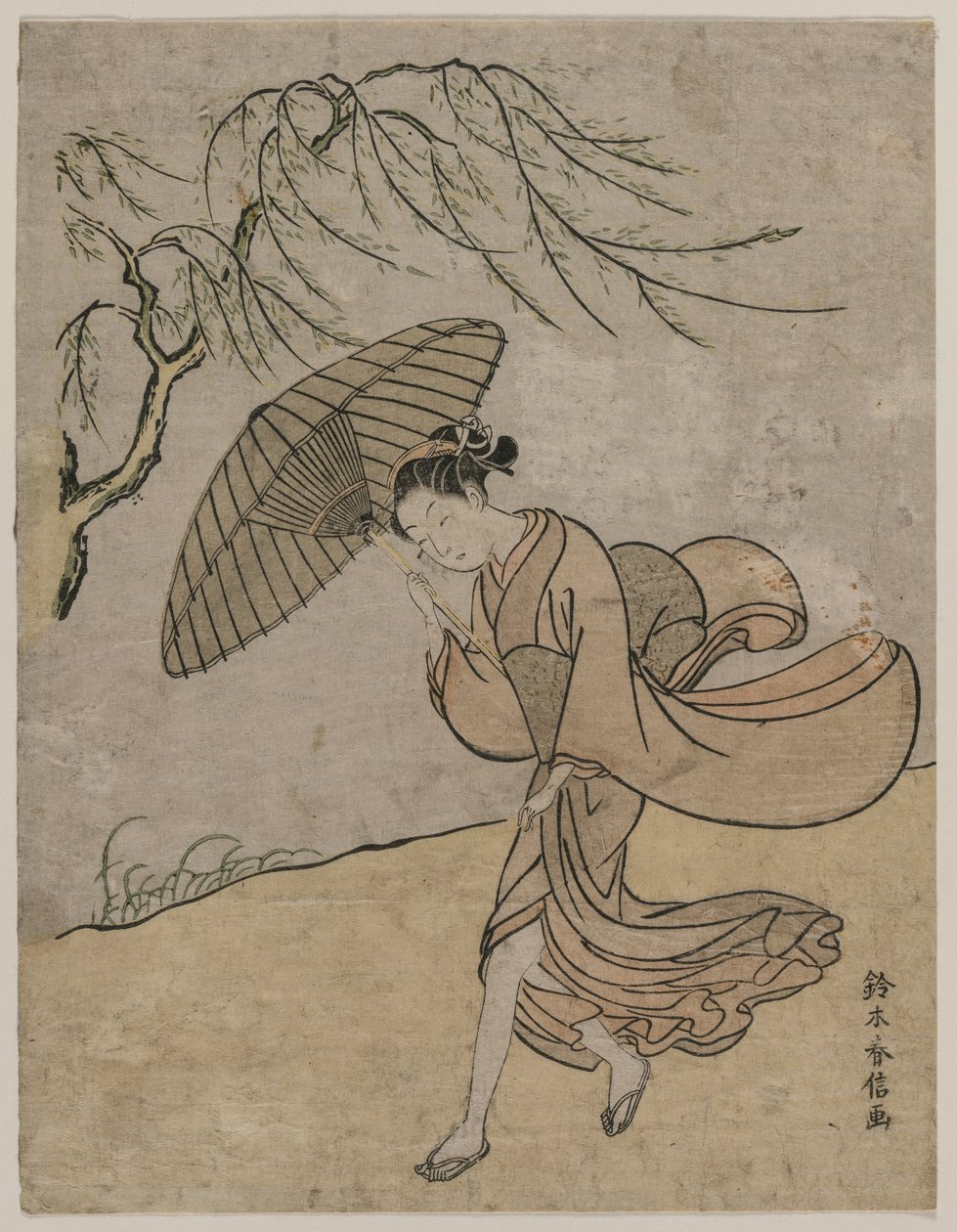 Mulher correndo por um salgueiro em uma brisa de Suzuki Harunobu