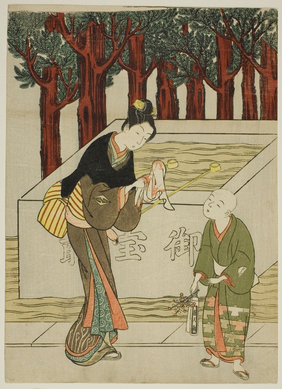 Mulher lavando as mãos antes de entrar em um santuário de Suzuki Harunobu