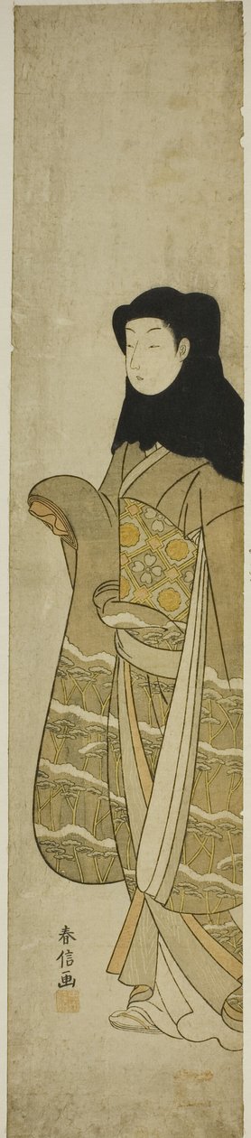Mulher vestindo capuz preto de Suzuki Harunobu