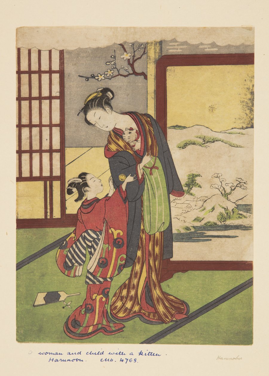 Mulher e Criança com Gatinho (impressão em bloco de madeira a cores) de Suzuki Harunobu