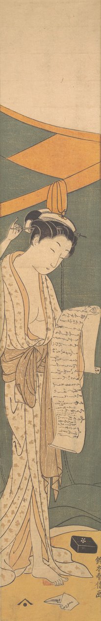 Mulher de manto noturno lendo uma carta, 1764-72., 1764-72. de Suzuki Harunobu