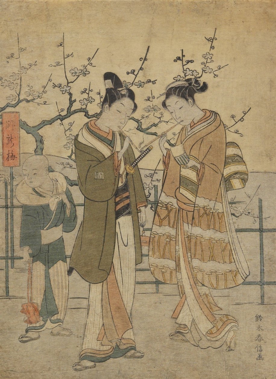 Jovem casal acendendo cachimbos junto à ameixeira do dragão adormecido de Suzuki Harunobu