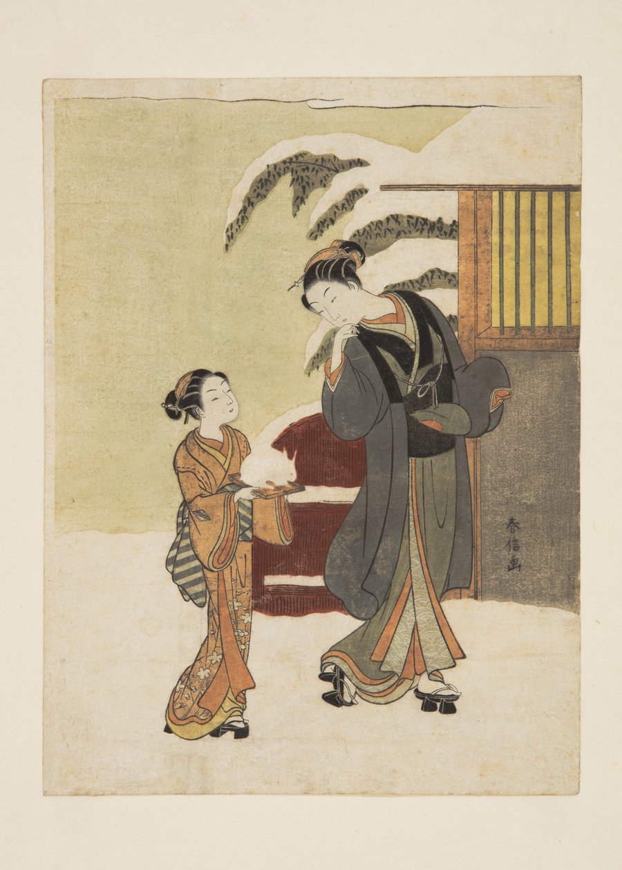 Jovem Mulher Admirando um Coelho de Neve (impressão a cores de bloco de madeira) de Suzuki Harunobu