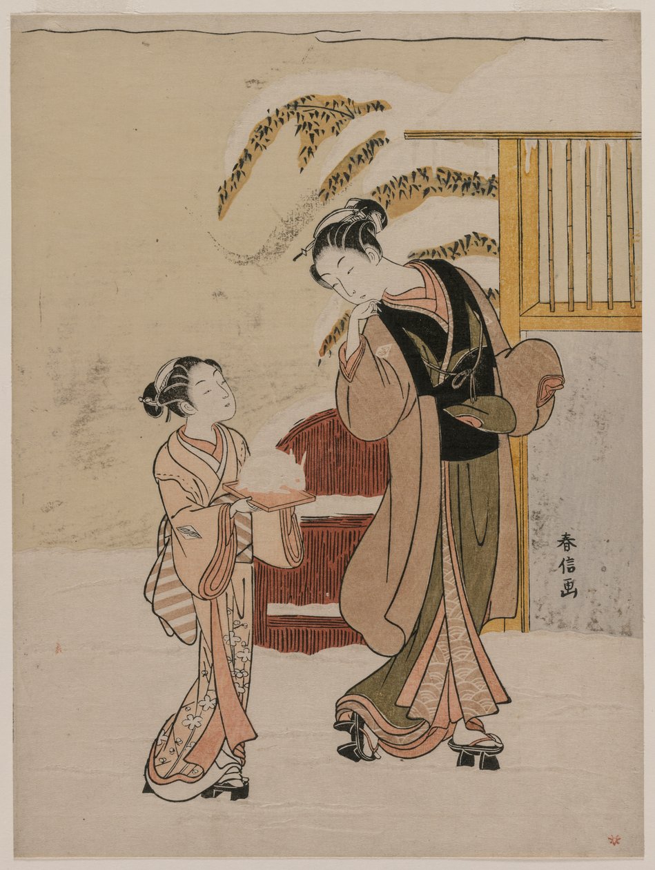 Jovem mulher admirando um coelho da neve, final dos anos 1760. de Suzuki Harunobu