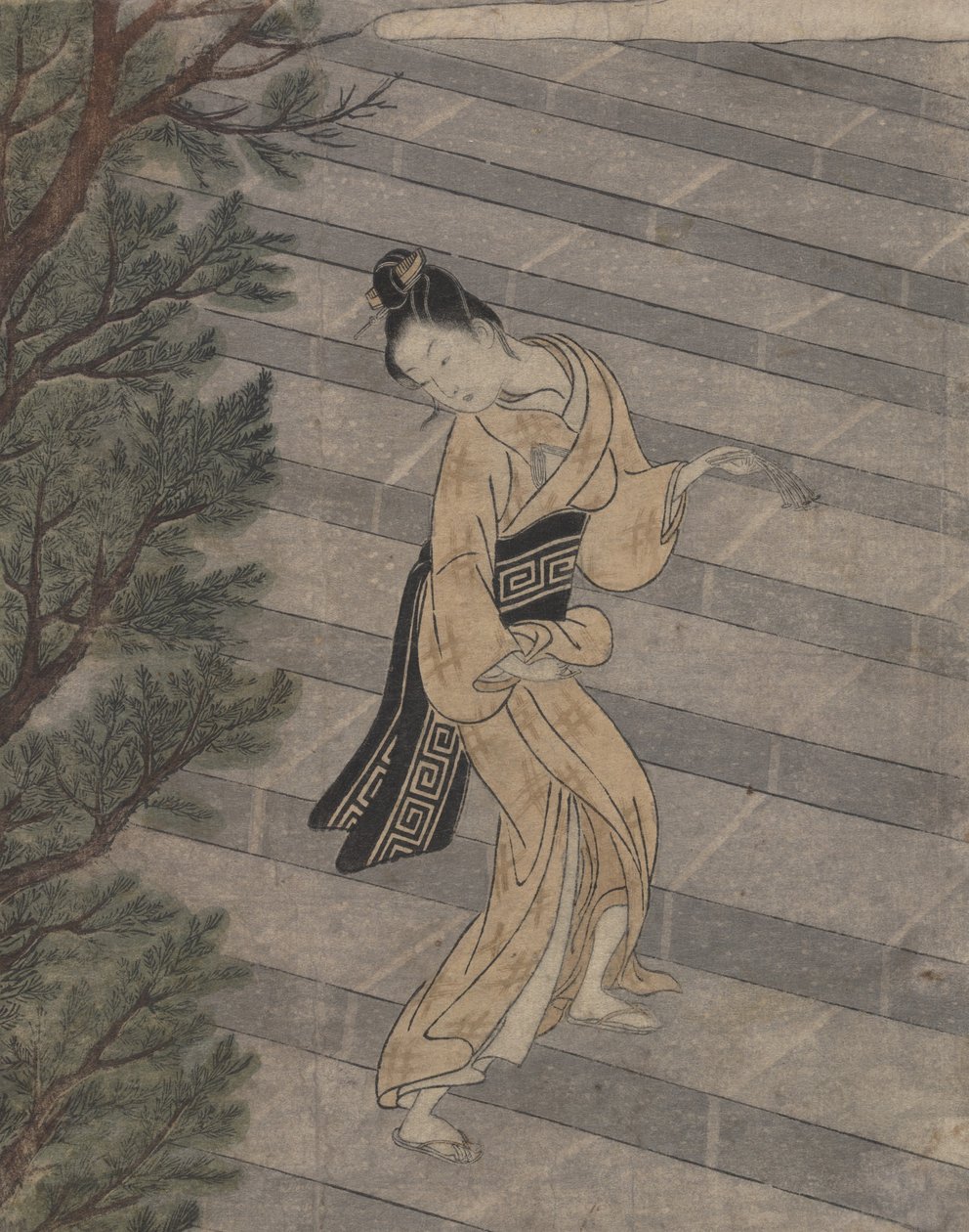 Mulher jovem, escalando, pedra, escadas, para, um, xintoísmo, templo, (woodblock, print) de Suzuki Harunobu